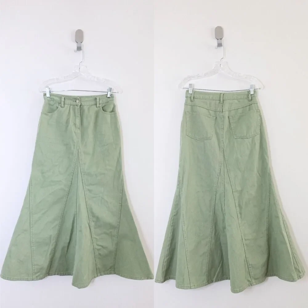 Vintage Y2K Jeanology Light Sage Green High Rise Denim Trumpet Maxi Skirt Size 2